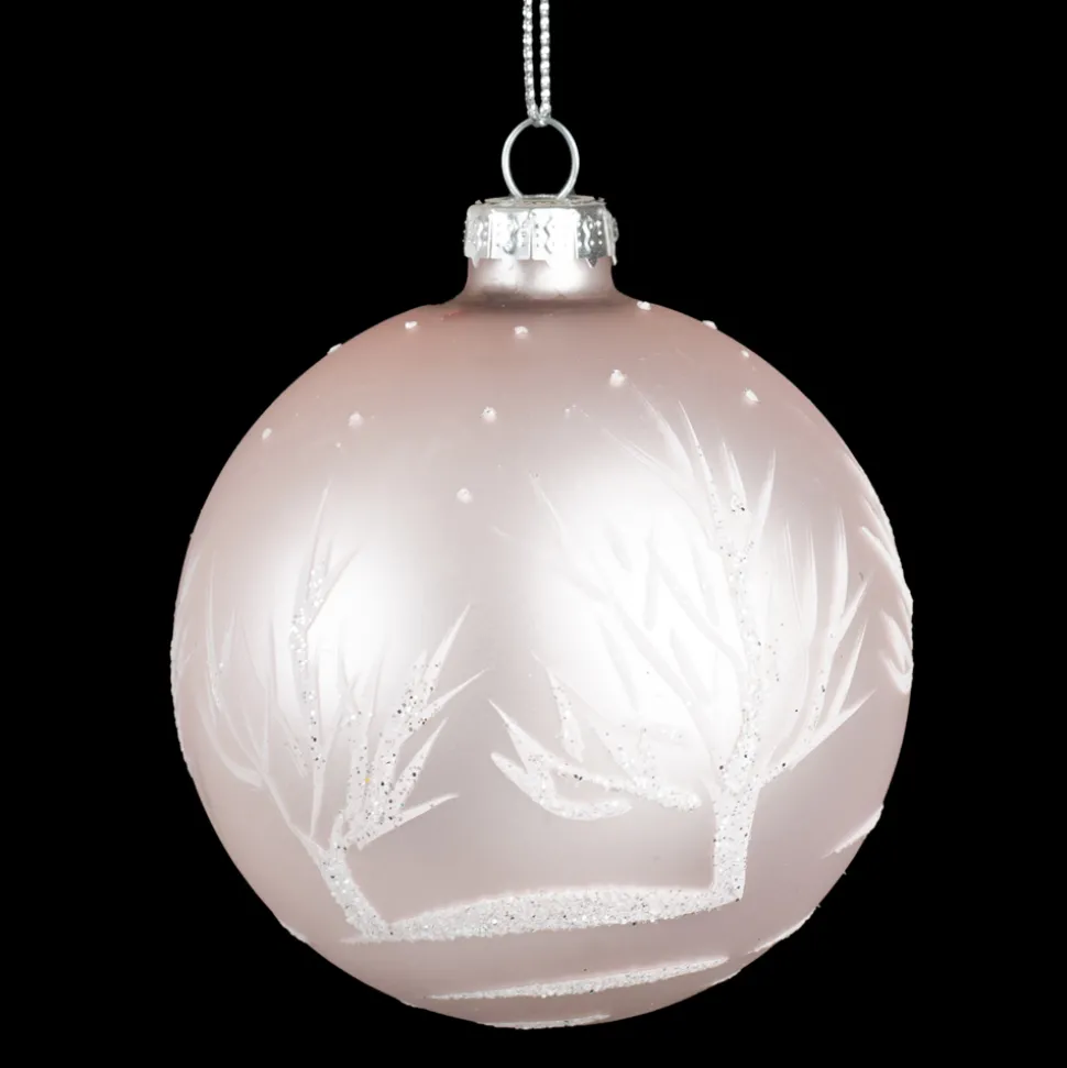 ORN GLASS BALL 3″ PINK- PEARL W/WHITE TREE DESIGN