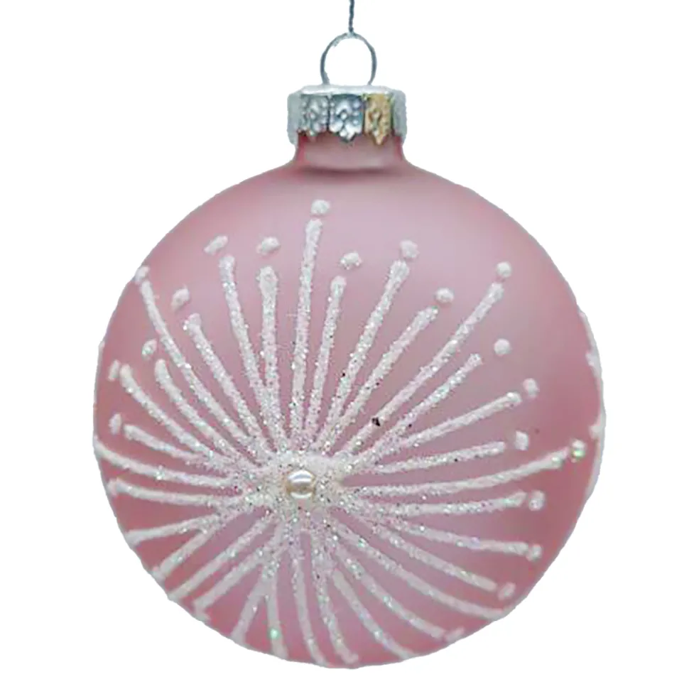 ORN GLASS BALL 3″ PINK W/ WHITE STARBURST