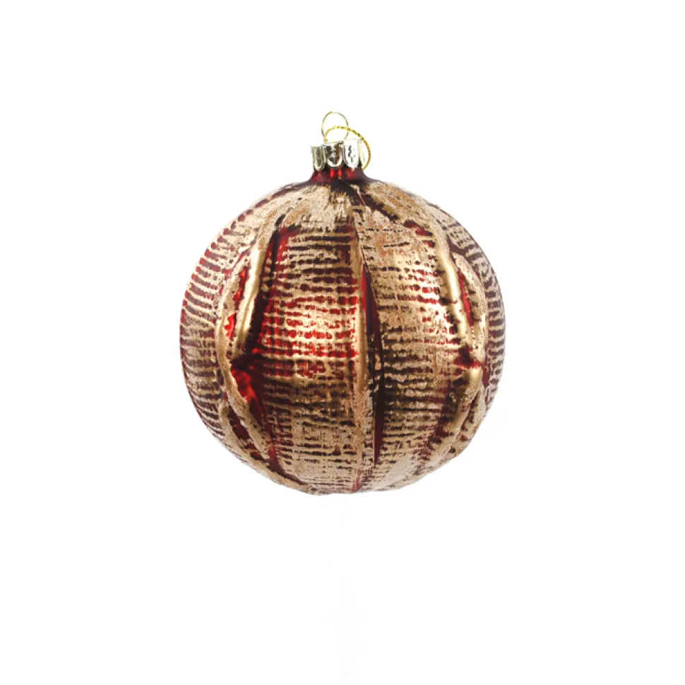 ORN GLASS BALL 4″ RED- BURG/GOLD W/ ROPING