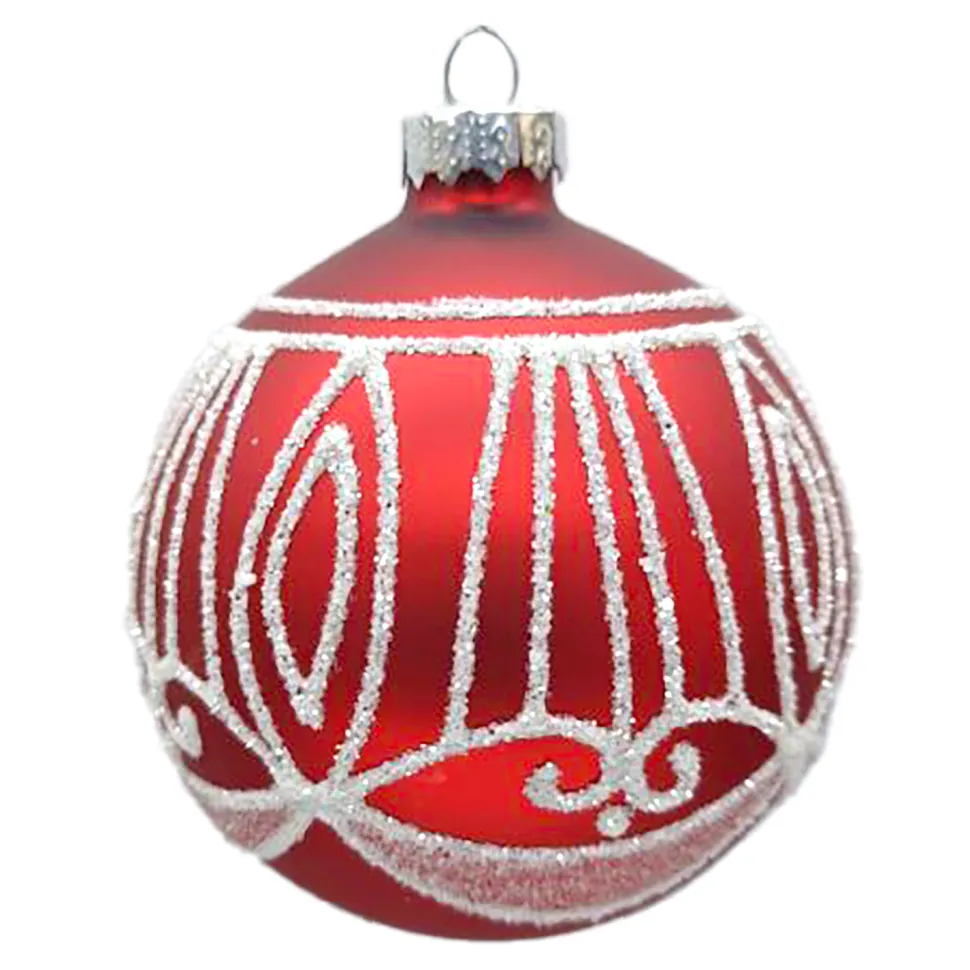 ORN GLASS BALL 3″ RED MATT SCALLOP W/ WHITE GLITTER