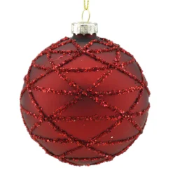 ORN GLASS BALL 3″ RED MATTE W/ GLTR TRIANGLE PATT