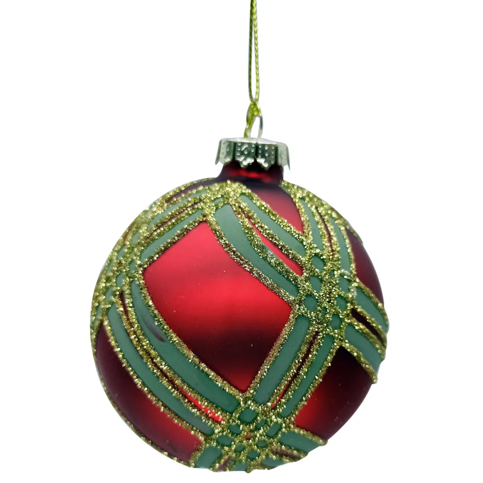 ORN GLASS BALL 3″ RED MATTE W/ GREEN & GOLD RIBBON PATERN