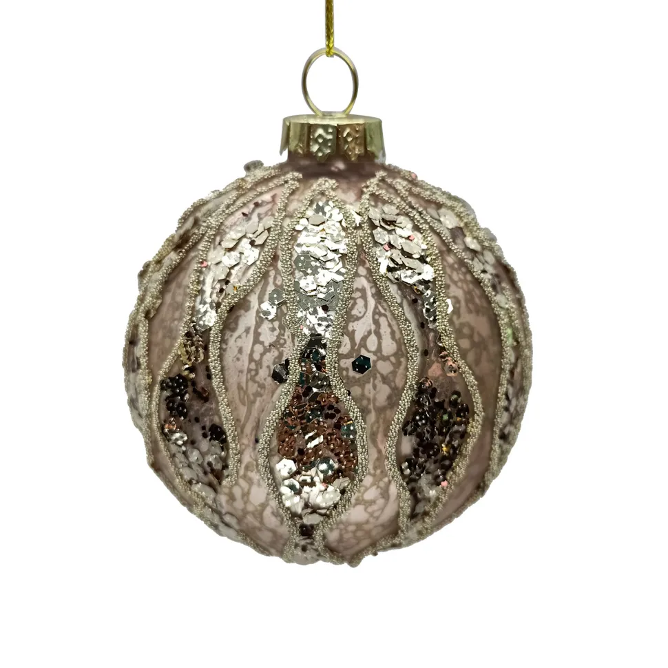 ORN GLASS BALL 3″ ROSE GOLD W/CHAMP WAVE PATTERN