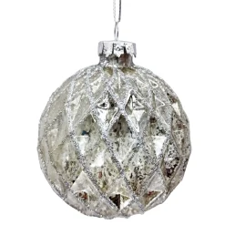 ORN GLASS BALL 3″ SILVER ANTIQUE DIAMOND PATTERN