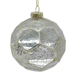 ORN GLASS BALL 4″ SILVER ANTIQUE HEXAGON PATTERN