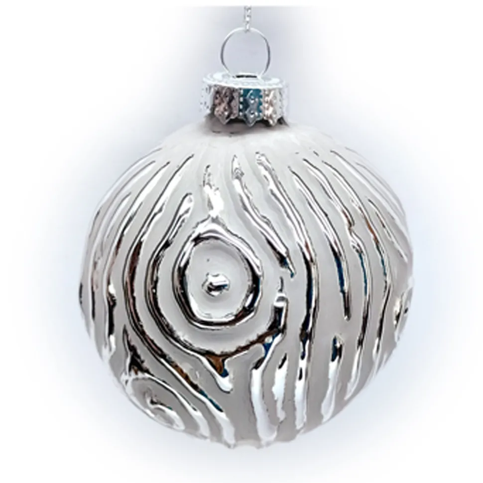 ORN GLASS BALL 3″ SILVER EMBOSSED BIRCH W/ GRAY PAINT FINISH