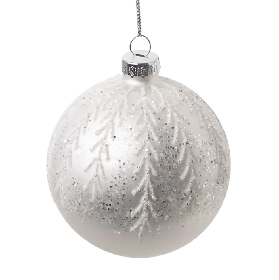 ORN GLASS BALL 3″ SILVER FROST W/ PARTIAL WHITE GLTR LEAVES