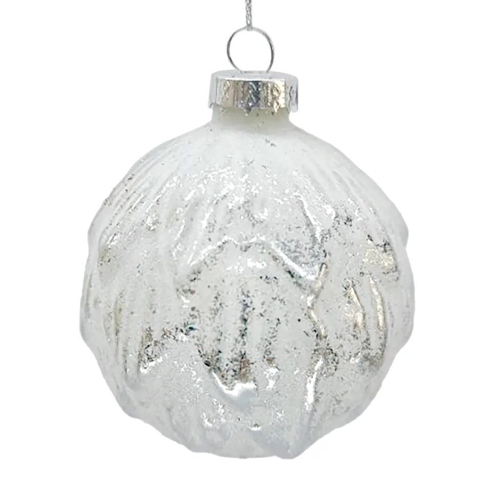 ORN GLASS BALL 3″ SILVER W/ WHITE LEAF PATTERN