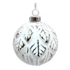 ORN GLASS BALL 3″ WHITE EMBOSSED LEAF W/ WHITE PAINT
