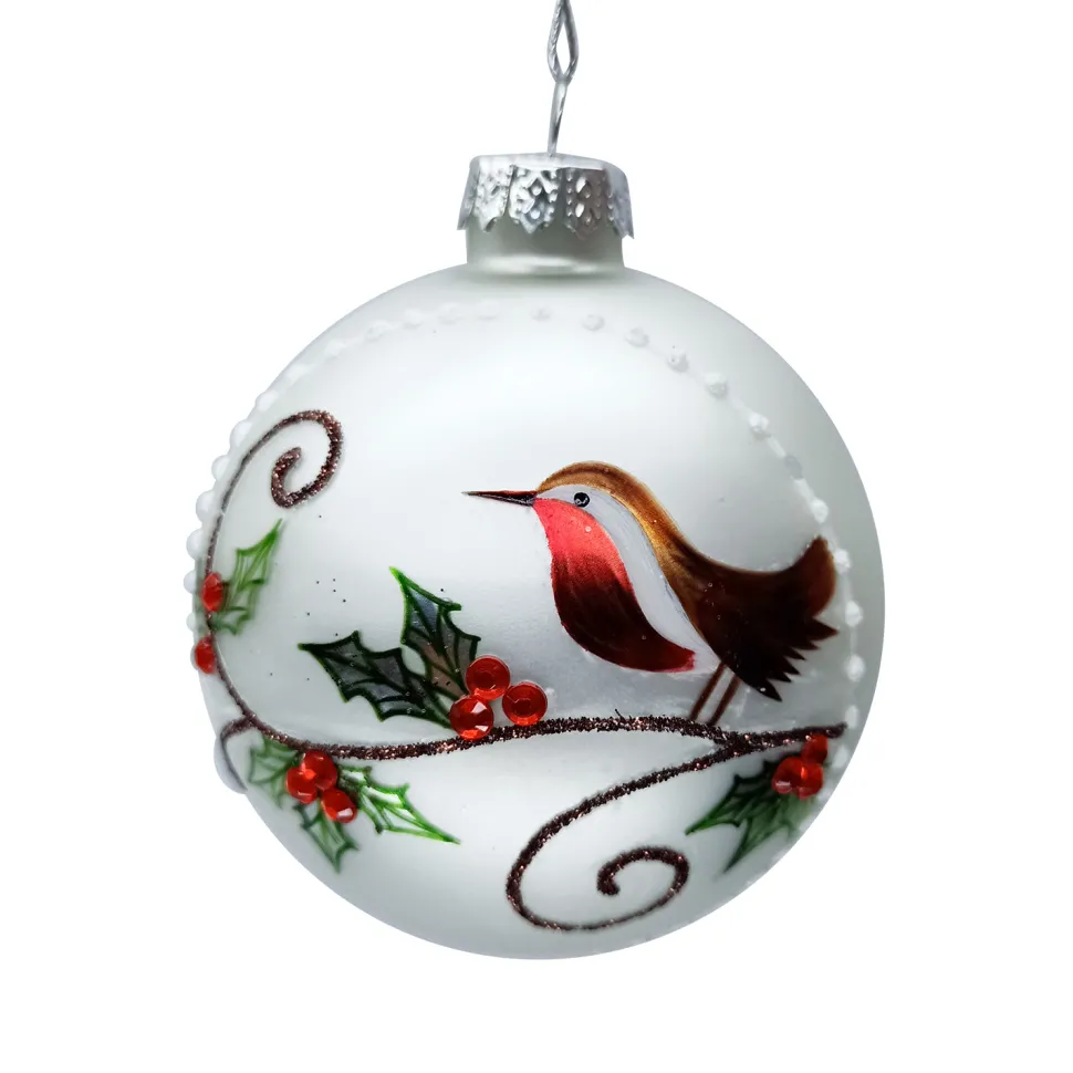 ORN GLASS BALL 3″ WHITE MATTE W/ PAINTED BIRD