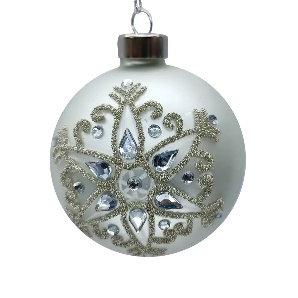 ORN GLASS BALL 3″ WHITE- MATTE W/ SNOWFLAKE & JEWELS