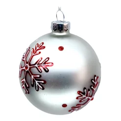 ORN GLASS BALL 3″ WHITE MATTE W/ RED SNOWFLAKE