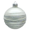 ORN GLASS BALL 3″ WHITE MATT RING W/ WHITE/SILVER GLITTER