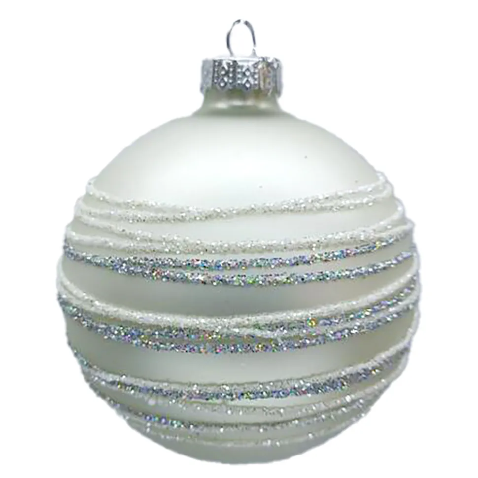 ORN GLASS BALL 3″ WHITE MATT RING W/ WHITE/SILVER GLITTER