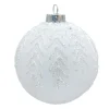 ORN GLASS BALL 3″ WHITE MATT FROST LEAF W/ GLITTER