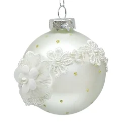 ORN GLASS BALL 3″ WHITE MATT W/ LACE FLORAL