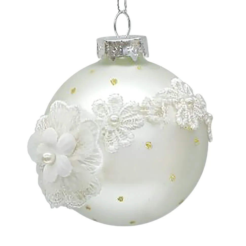 ORN GLASS BALL 3″ WHITE MATT W/ LACE FLORAL