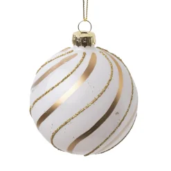 ORN GLASS BALL 3″ WHITE SHINY W/ GOLD MATT & SHIMMER SWIRLS