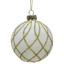 ORN GLASS BALL 3″ WHITE W/ GOLD DIAMOND GLITTER