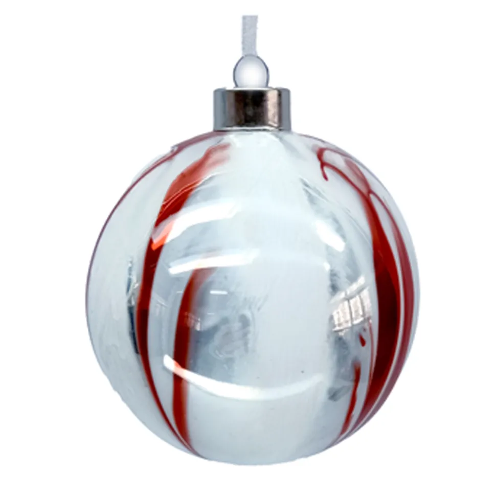 ORN GLASS BALL 4″ WHITE/RED MARBLE LOOK