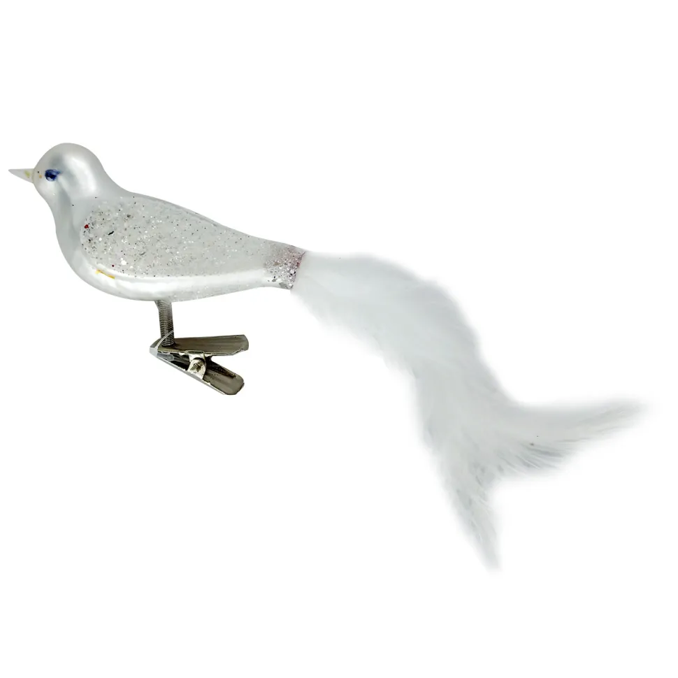 ORN GLASS BIRD 5″ WHITE W/ FEATHER TAIL