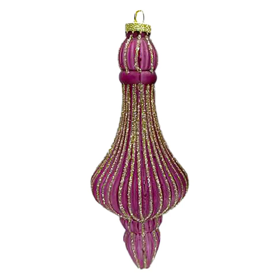 ORN GLASS FINIAL 6″ DARK MAUVE W/ CHAMPAGNE GLITTER