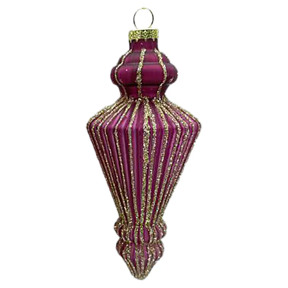 ORN GLASS FINIAL 6″ DARK MAUVE W/ CHAMPAGNE GLITTER
