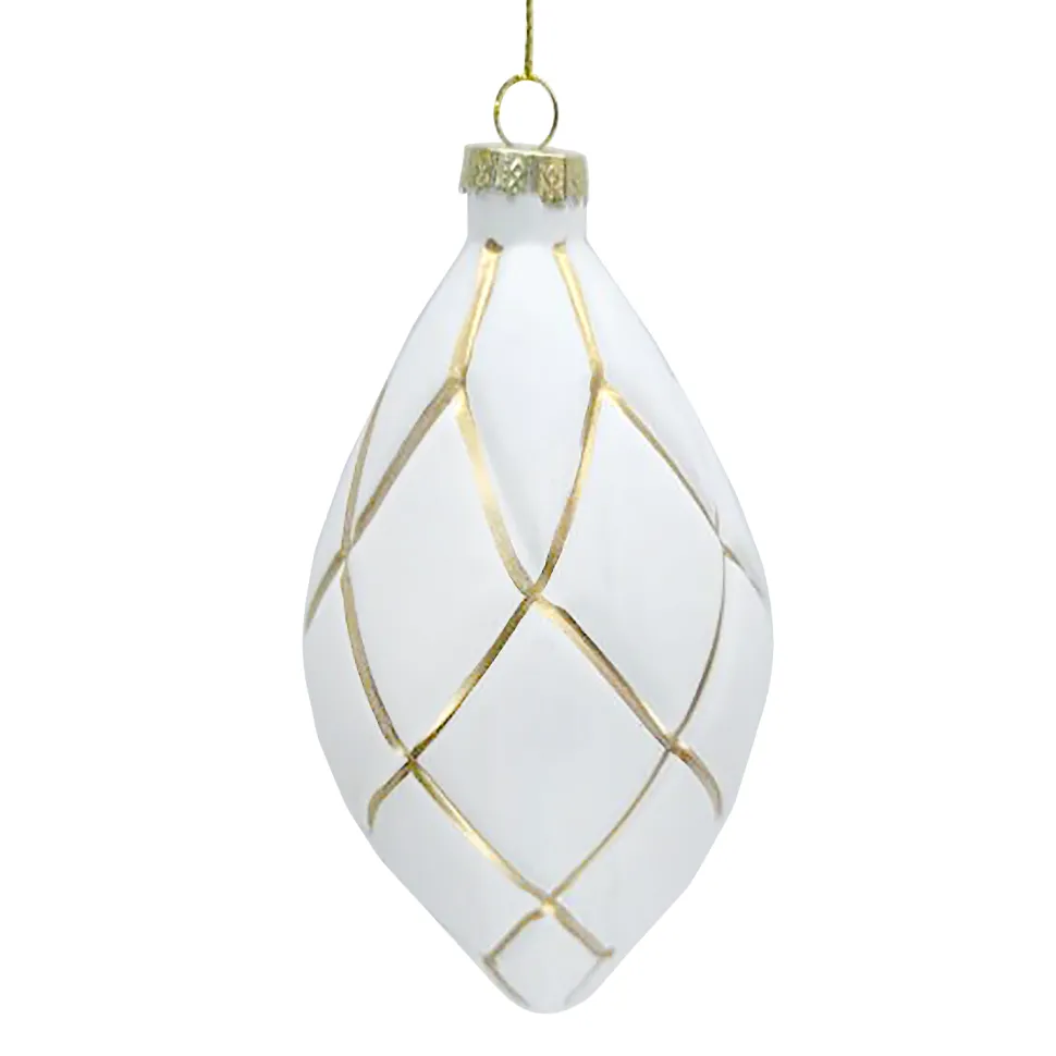 ORN GLASS FINIAL 6″ WHITE MATT W/ GOLD NET
