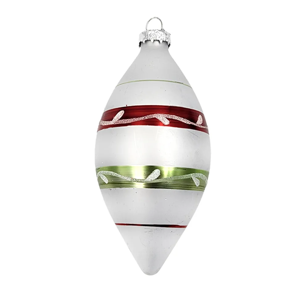 ORN GLASS FINIAL 5″ WHITE/FROST LEAF W/ CHAMPAGNE GLITTER