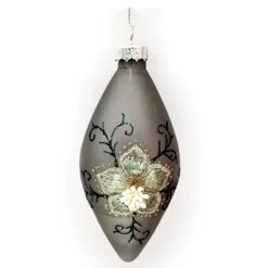 ORN GLASS FINIAL 2.5″ X 5″ OLIVE/GREY FLORAL EMBROIDERED GLITTER | BEADS
