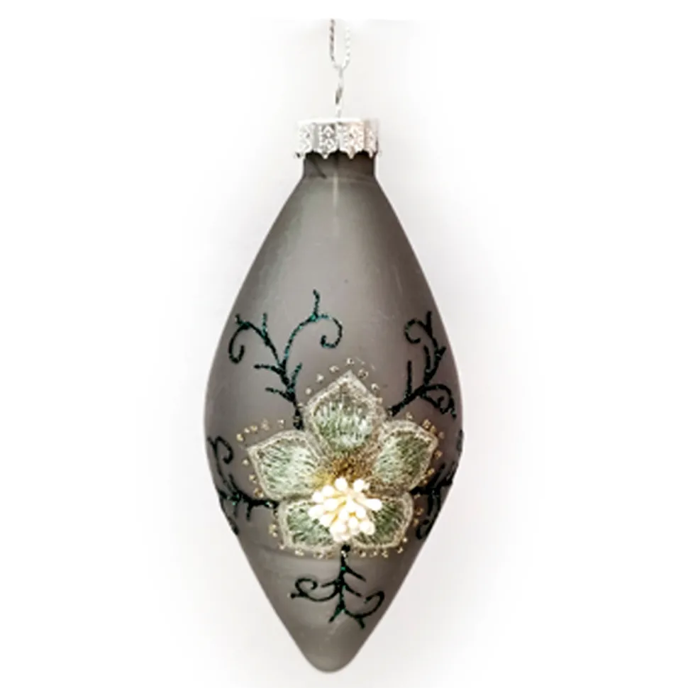 ORN GLASS FINIAL 2.5″ X 5″ OLIVE/GREY FLORAL EMBROIDERED GLITTER | BEADS
