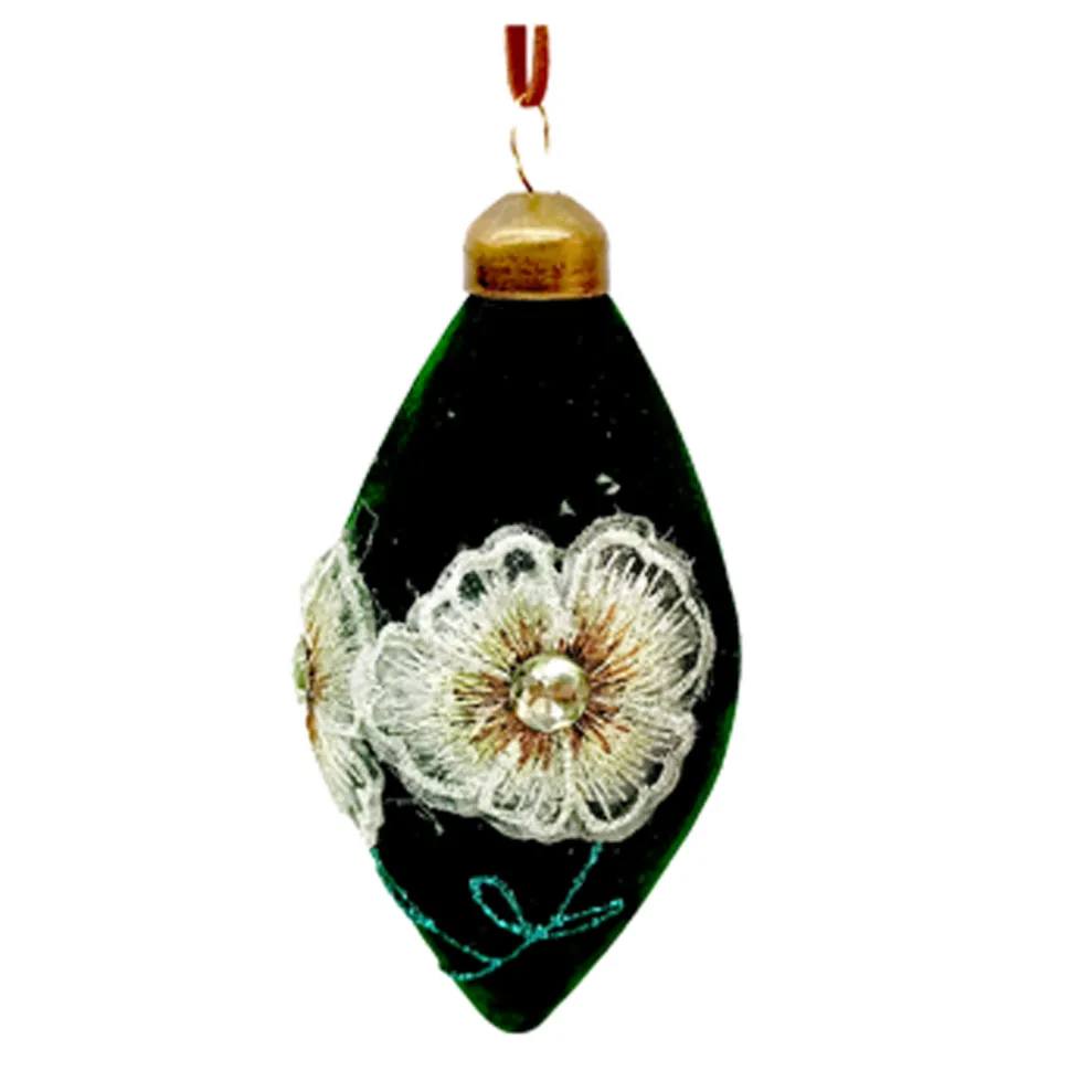 ORN GLASS FINIAL 2.5″ X 5″ OLIVE/GREEN FLORAL GLITTER | SEQUINS | BEADS