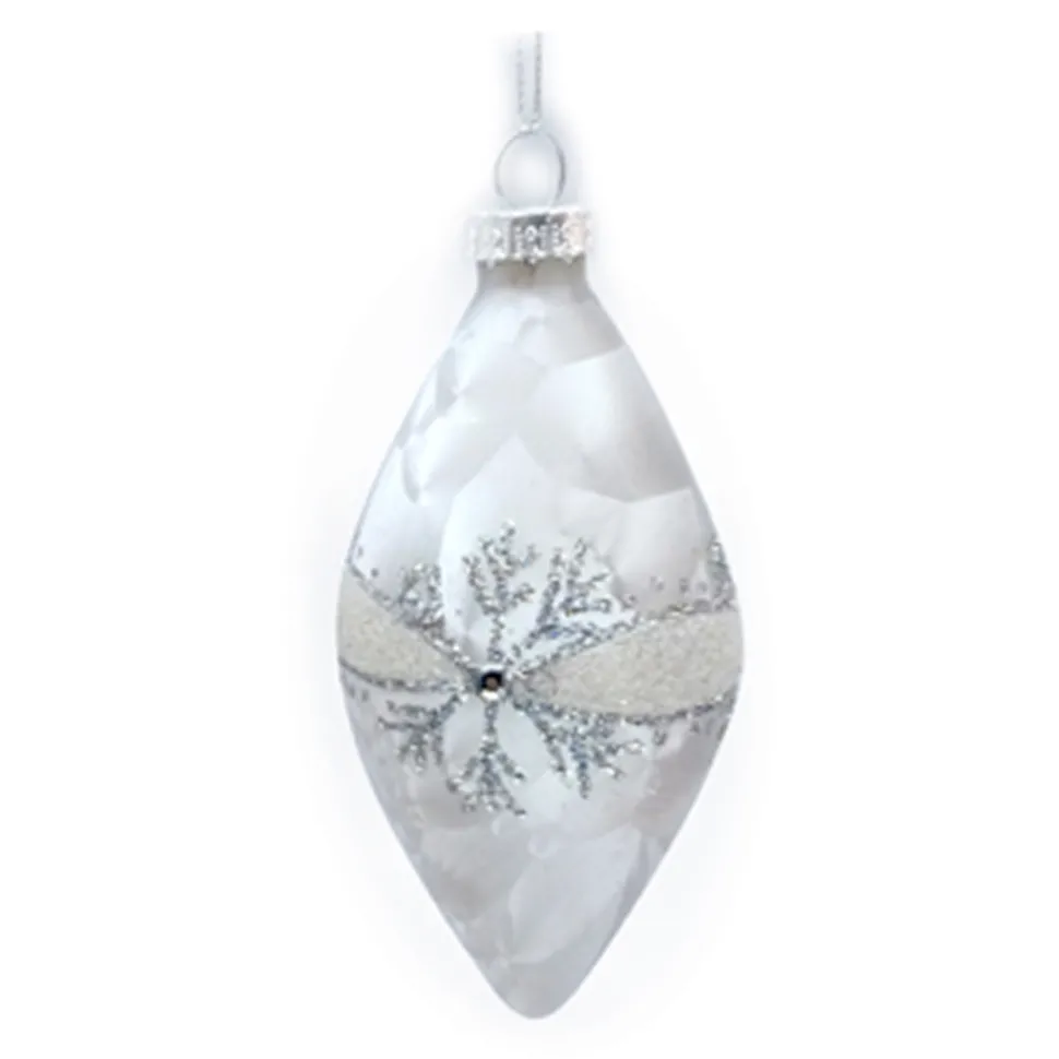 ORN GLASS FINIAL 2.5″ X 4.5″ OLIVE/WHITE GLITTER SNOWFLAKE