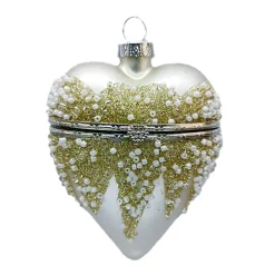 ORN GLASS HEART BOX 4″ CHAMPAGNE SHINY W/ GLITTER