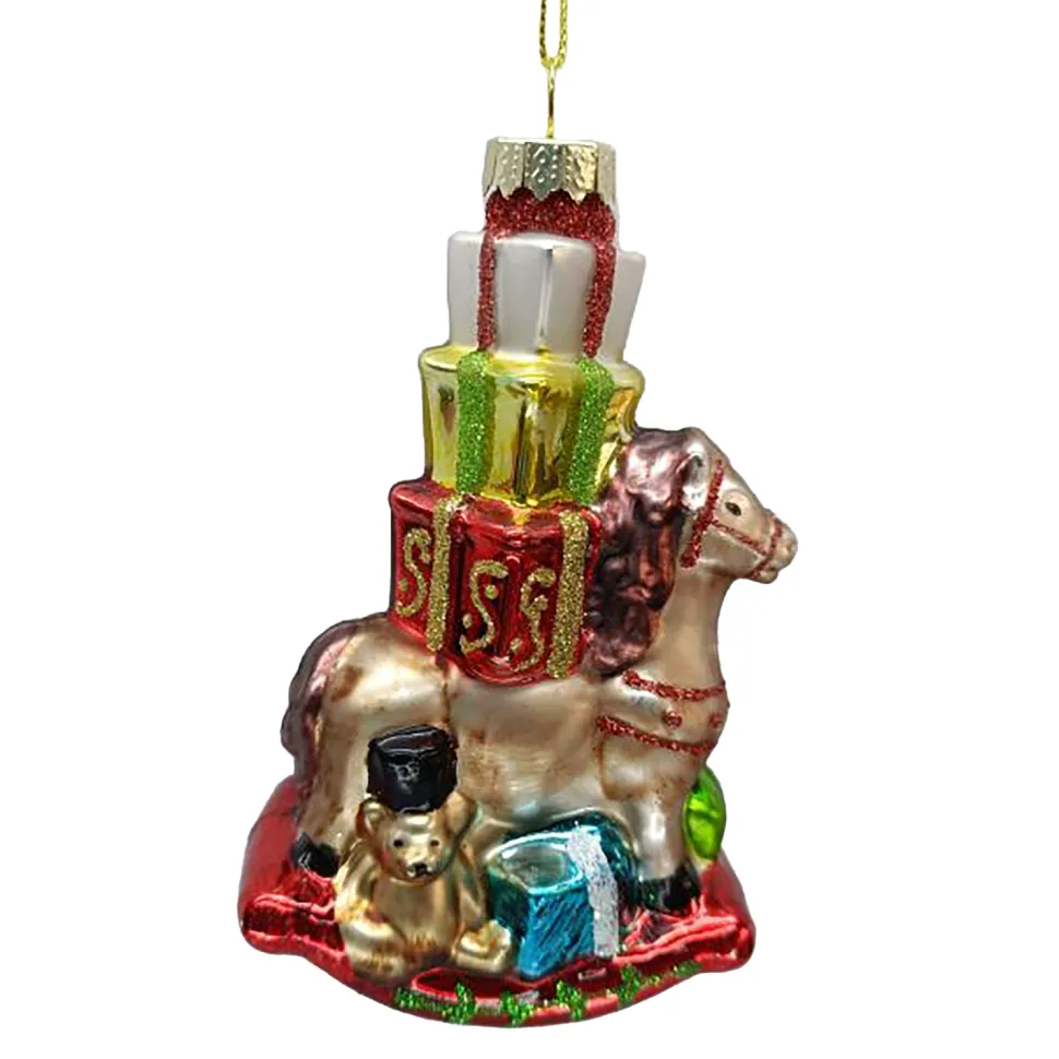 ORN GLASS HORSE CARRYING GIFT 5″ MULTI