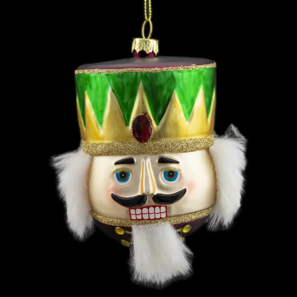 ORN GLASS NUTCRACKER HEAD 4″ W/WHT HAIR GRN/GLD HAT W/JEWEL