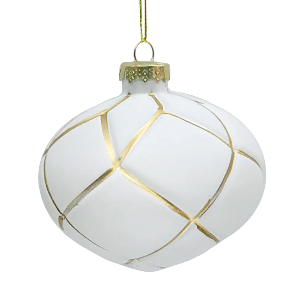 ORN GLASS ONION 4″ WHITE MATT W/ GOLD NET