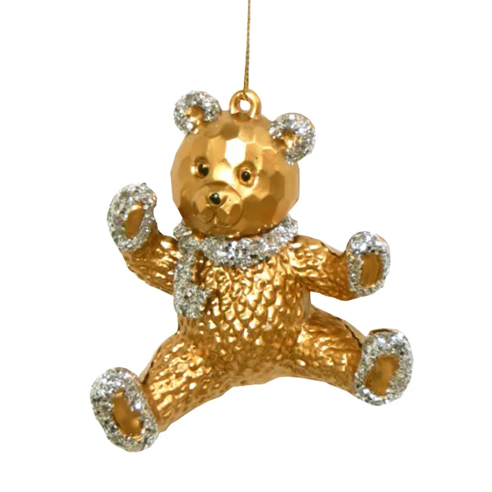 ORN GOLD BEAR SITTING 3″ MATT GOLD W/ SILVER GLITTER