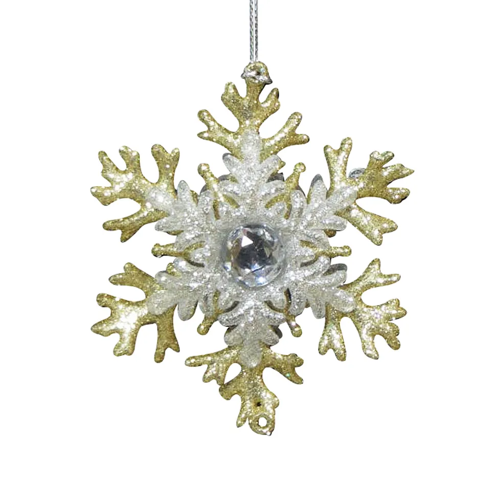 ORN GOLD/ SILVER SNOWFLAKE 3″ W/ GOLD & SILVER GLITTER & JEWEL