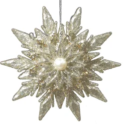ORN GOLD /SILVER SNOWFLAKE 4.5″ W/ PEARL BEAD & GLITTER