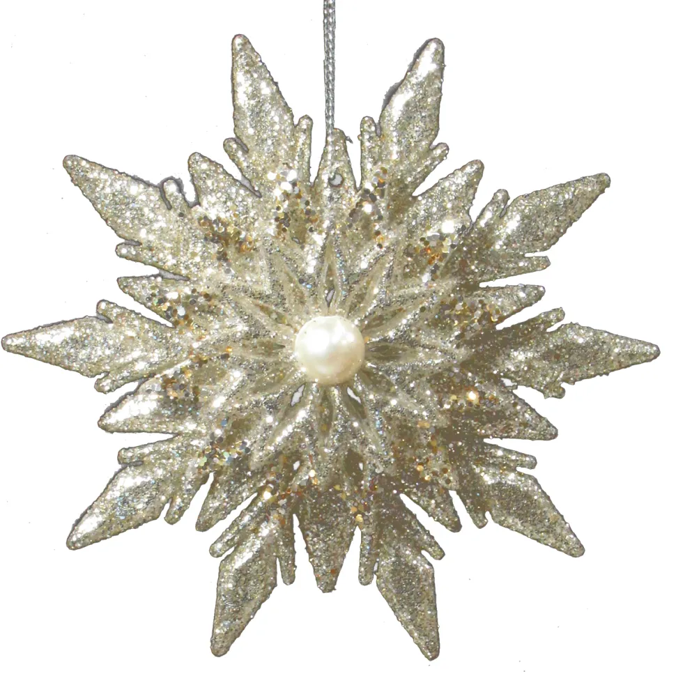 ORN GOLD /SILVER SNOWFLAKE 4.5″ W/ PEARL BEAD & GLITTER