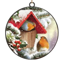 ORN METAL DISC 4″ BIRH HOUSE W/ ROBIN
