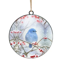 ORN METAL DISC 4″ BLUE BIRD ON A TREE BRANCH SNOWING