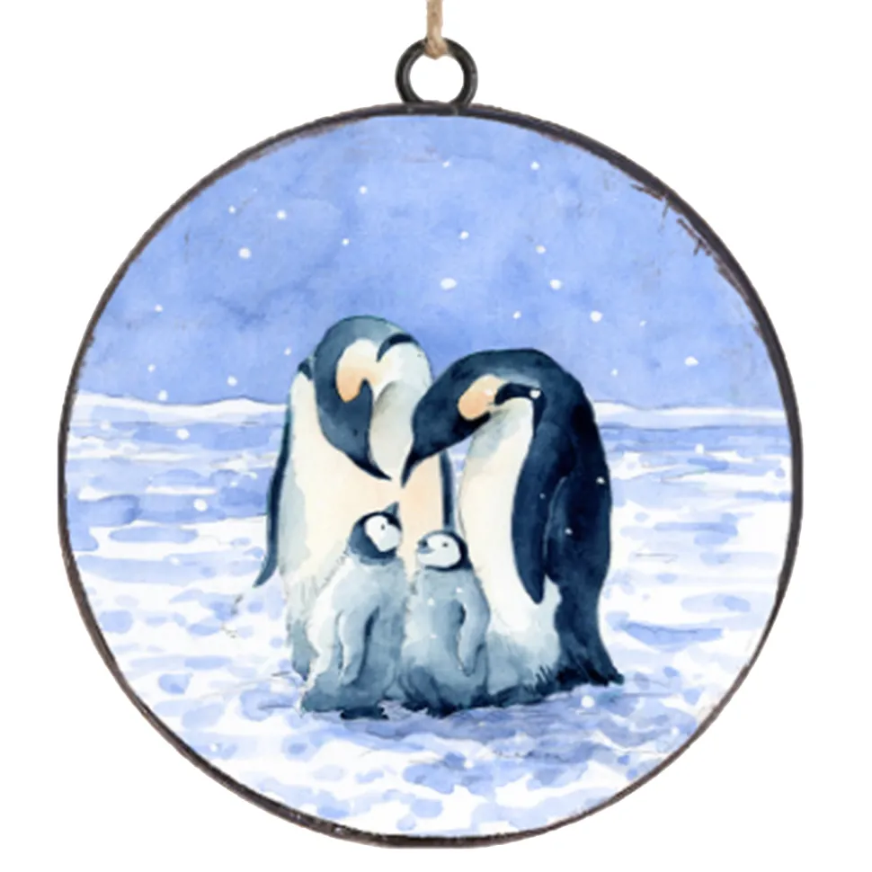 ORN METAL DISC 4″ BLUE /BLACK PENGUIN FAMILY