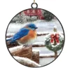 ORN METAL DISC 4″ BLUE ROBIN ON FENCE W/WREATH
