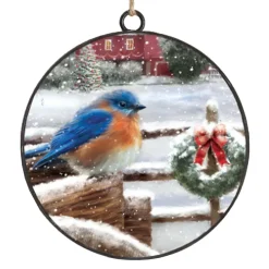 ORN METAL DISC 4″ BLUE ROBIN ON FENCE W/WREATH