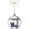 ORN METAL DISC 4″ BLUE TRUCK W/ TREES AT BACK