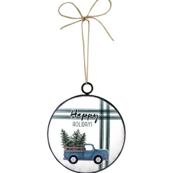 ORN METAL DISC 4″ BLUE TRUCK W/ TREES AT BACK