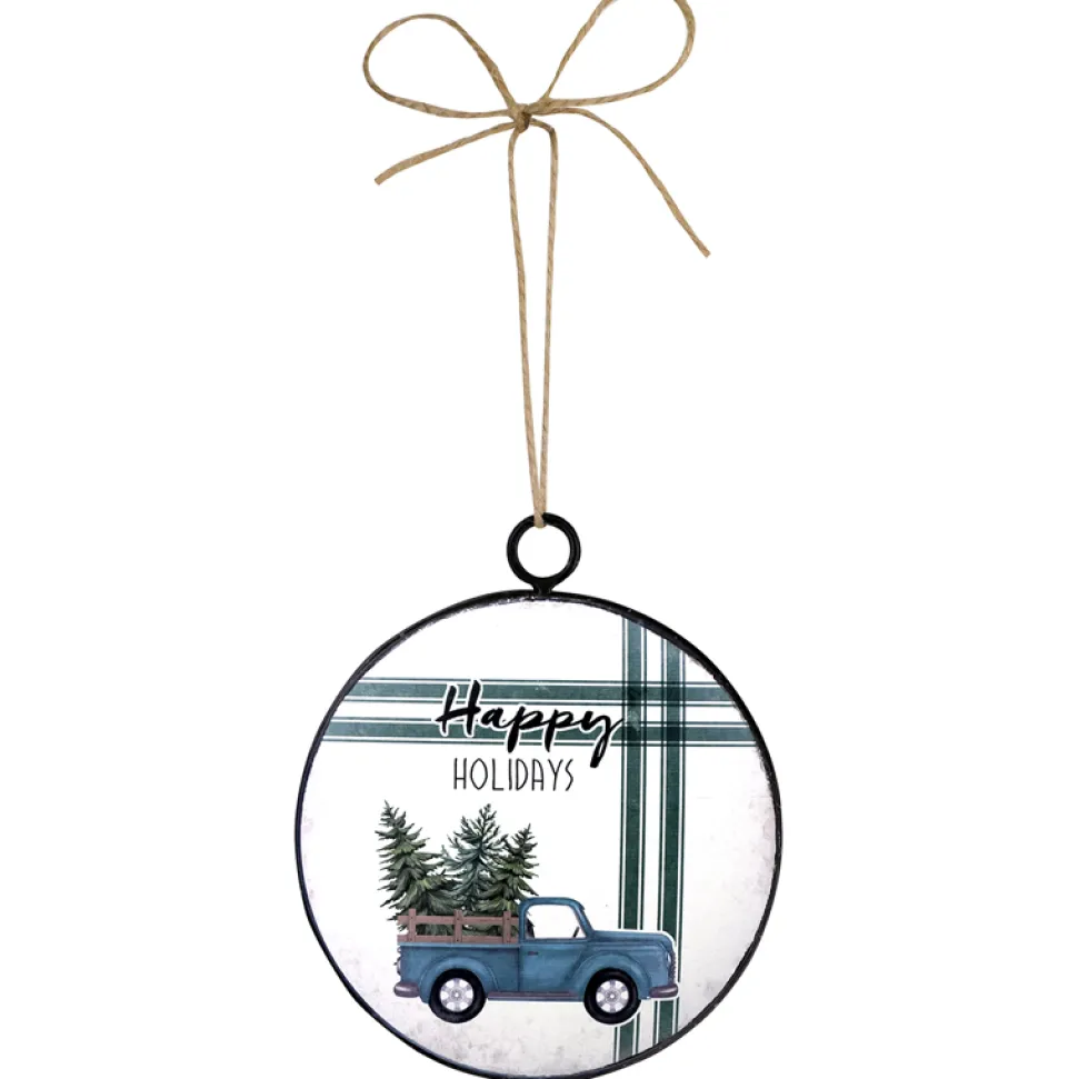 ORN METAL DISC 4″ BLUE TRUCK W/ TREES AT BACK