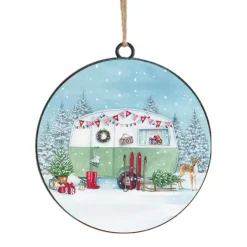 ORN METAL DISC 4″ CAMPER VAN SNOWING SCENE